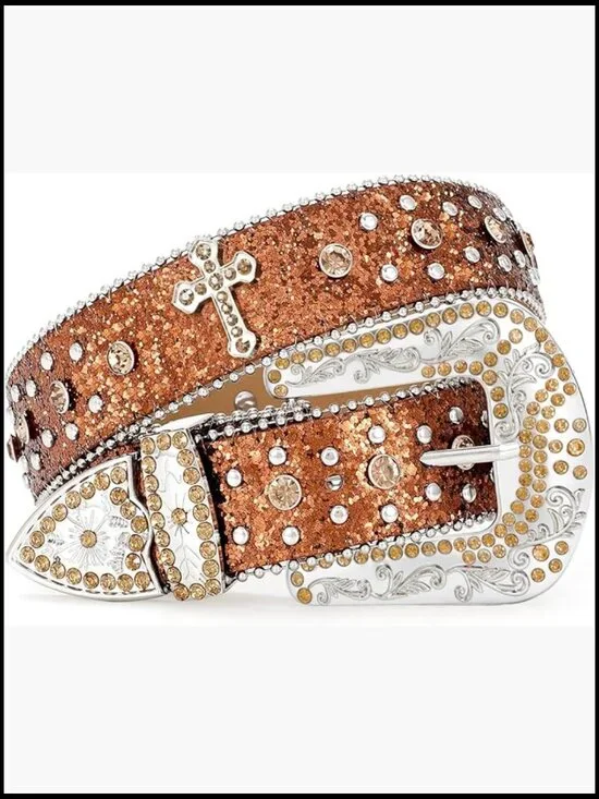 Sparkly Rhinestone Diamond Sequin Studded Belt Faux Leather Western - Picture 1 of 7